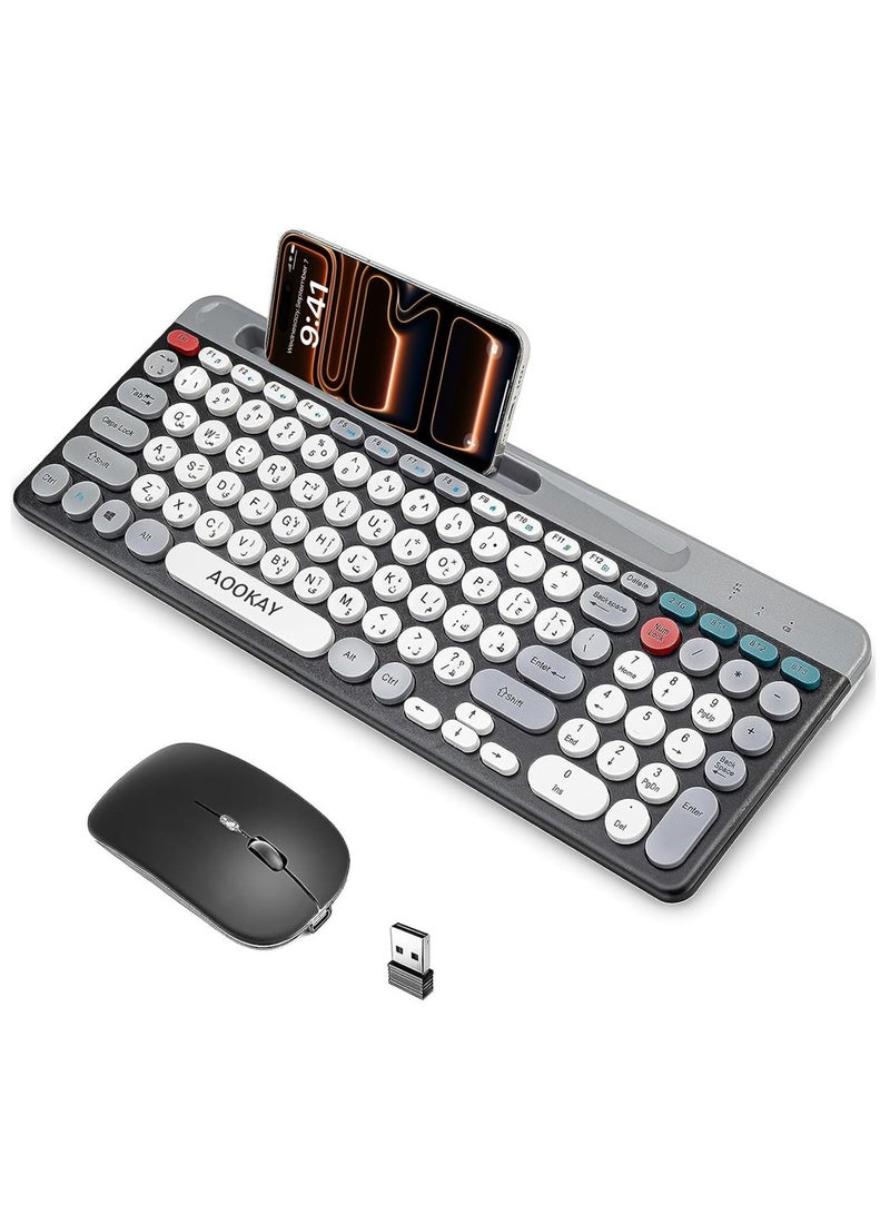 Aookay Arabic & English Wireless Keyboard and Mouse Combo, Multi-Device (Bluetooth+2.4G) Keyboard Mouse with Phone Tablet Holder, Full-Sized Typewriter Cordless Keyboard and Mouse for Computer/Laptop (Black) - Image 1