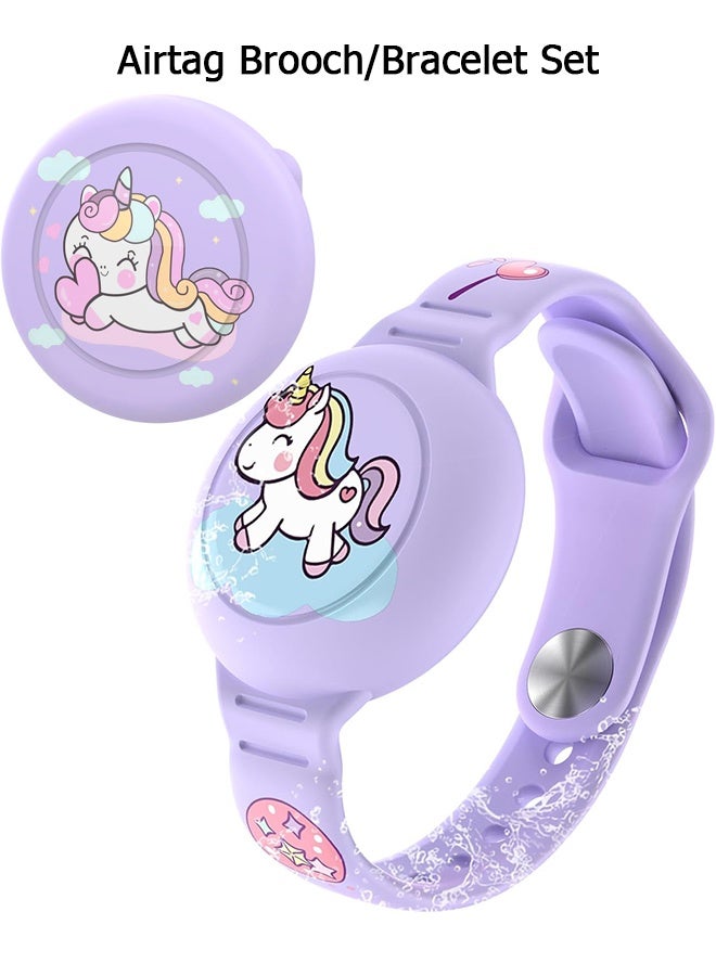 Wffo 2 PCS - Kids AirTag Bracelet/Brooch Set - Waterproof Cute Cartoon Air tag Holder for Kids - Silicone Airtag Holder with Safety Brooch Pins - with Soft Silicone Full Coverage Anti-Lost Hidden Airtag Wristband Accessories for Child - Unicorn Pattern(Purple)