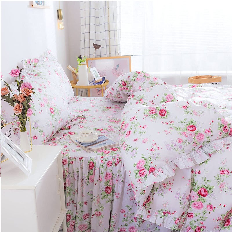 FADFAY Romantic Floral Bedding Set 4 Piece Premium 100 Cotton Pink Rose Print Bedding Ruffle Bedskirt Zipper Duvet Cover Cottage Bedding Queen Super Soft Women Girls Bedroom Decor