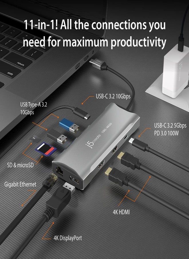 j5create USB C 4K Triple Display Hub - 4K HDMI x2, 4K DP, 2 USB-A and USB-C 10Gbps, PD 100W, Ethernet, SD 4.0 Card Reader | for XPS, Surface Pro (JCD397) - Image 2