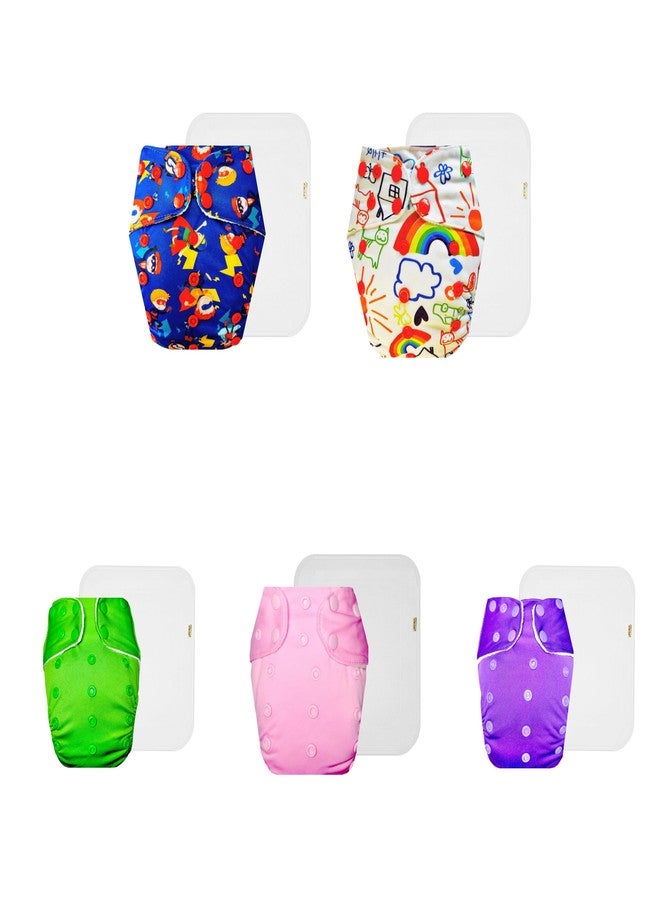 Dumbledo Premium Cloth Diaper with Cotton Insert (Pack of 5) | Soft & Gentle | Reusable & Washable | Adjustable Snaps | Worry-Free Diapering | 3 Months - 3 Years | Unisex Baby - Image 1