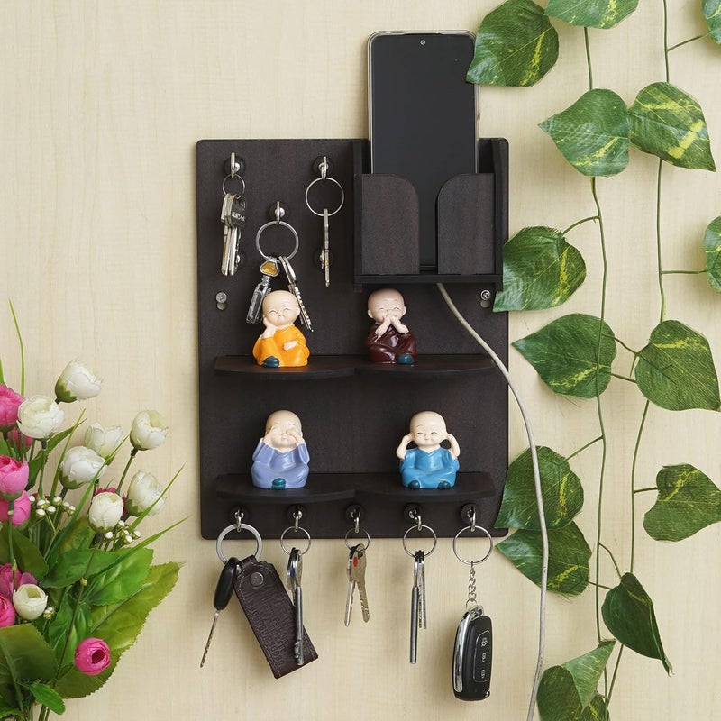Webelkart Webelkart Premium Key Chain Hanging BoardWall Hanging Key Holder with Mobile Charging Stand 115 Inches 10 Hooks Wood - Image 1