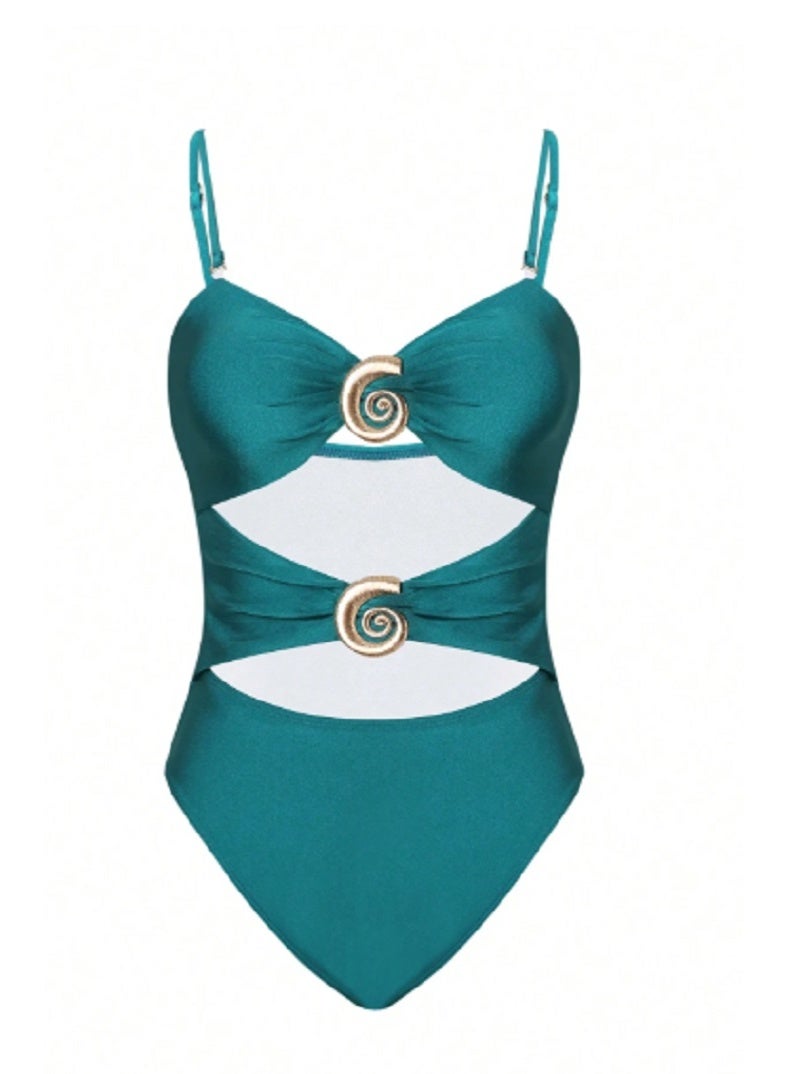 Shein Swim Springbreak Women's New Metallic Emerald Green Removable Strap One-Piece Swimsuit - Image 4