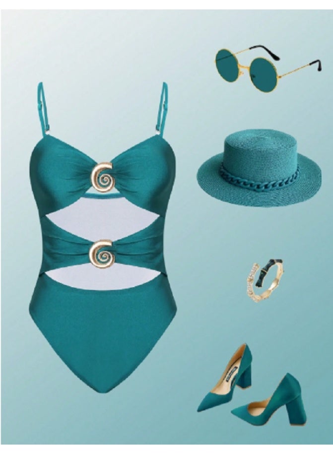 Shein Swim Springbreak Women's New Metallic Emerald Green Removable Strap One-Piece Swimsuit - Image 2
