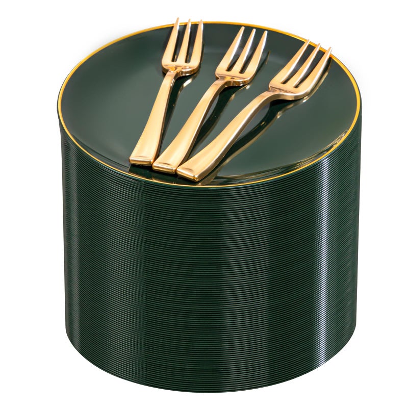 Festiva 200Pcs Green Dessert Plates 6.3" with Plastic Forks 5"- Small Disposable Plates- Dessert/Cake/Appetizer Plastic Plates include 100Plates 100Forks for Birthday Party&St.Patrick's Day& Easter - Image 1