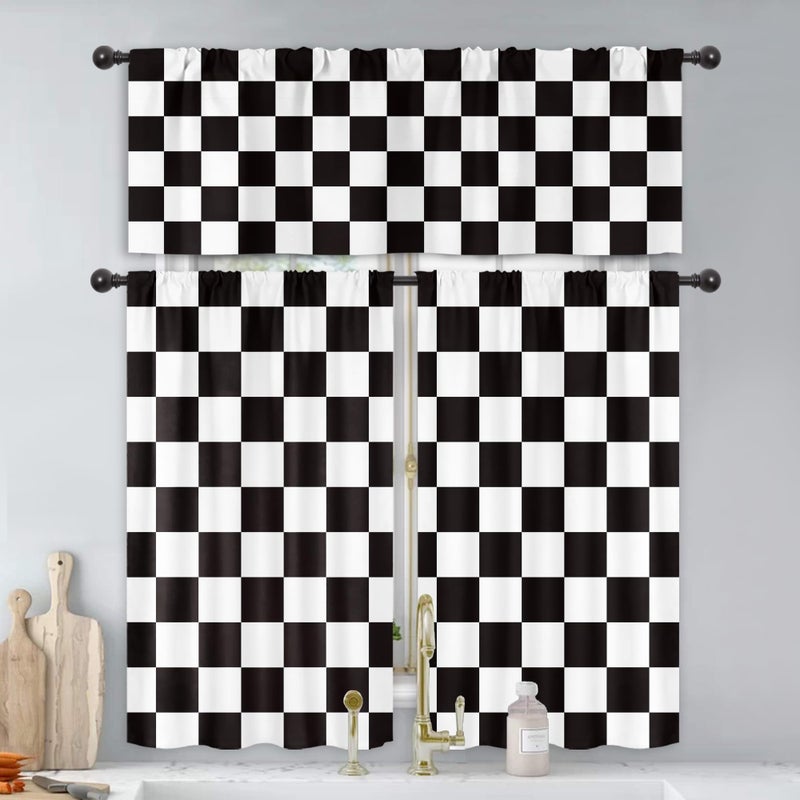 Mitpok Black and White Checkered Kitchen Curtains 27.5Wx39H Inch Rod Pocket Short Small Kids Plaid Bathroom Window Curtains Checkerboard Door Curtains 2 Panel Window Treatment Set for Living Room - Image 3