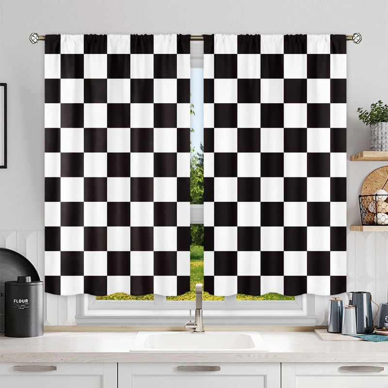 Mitpok Black and White Checkered Kitchen Curtains 27.5Wx39H Inch Rod Pocket Short Small Kids Plaid Bathroom Window Curtains Checkerboard Door Curtains 2 Panel Window Treatment Set for Living Room - Image 2
