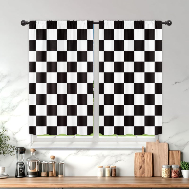 Mitpok Black and White Checkered Kitchen Curtains 27.5Wx39H Inch Rod Pocket Short Small Kids Plaid Bathroom Window Curtains Checkerboard Door Curtains 2 Panel Window Treatment Set for Living Room - Image 1