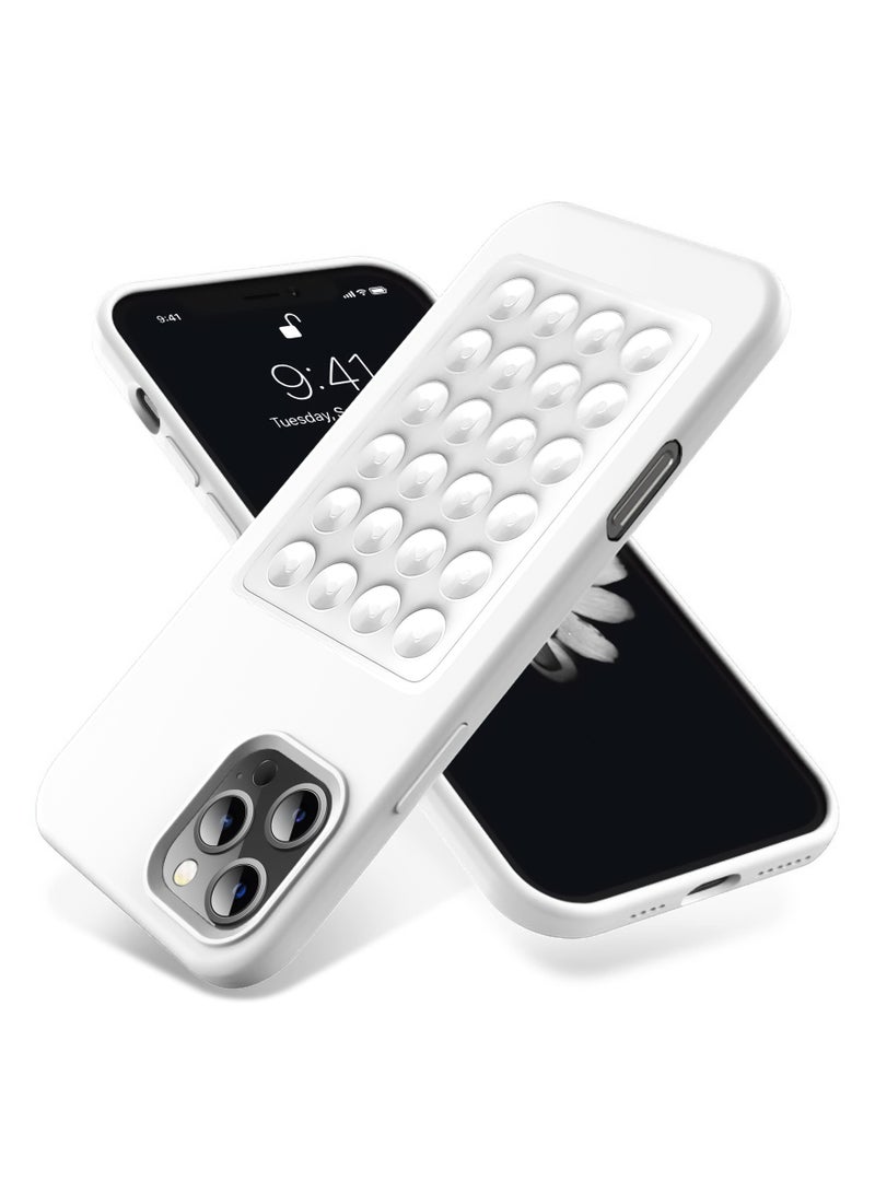 جراب هاتف من السيليكون الناعم مع قاعدة شفط وحامل حماية كاملة ضد الصدمات لهاتف iPhone 16 Pro (أبيض)