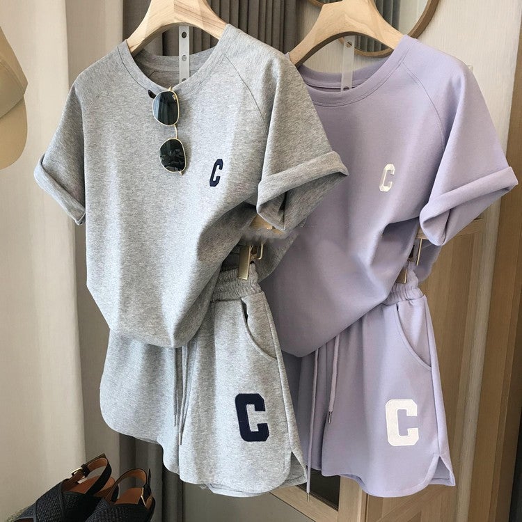 Casual Embroidered Tee  Shorts Set Women 2022 Purple - Image 3