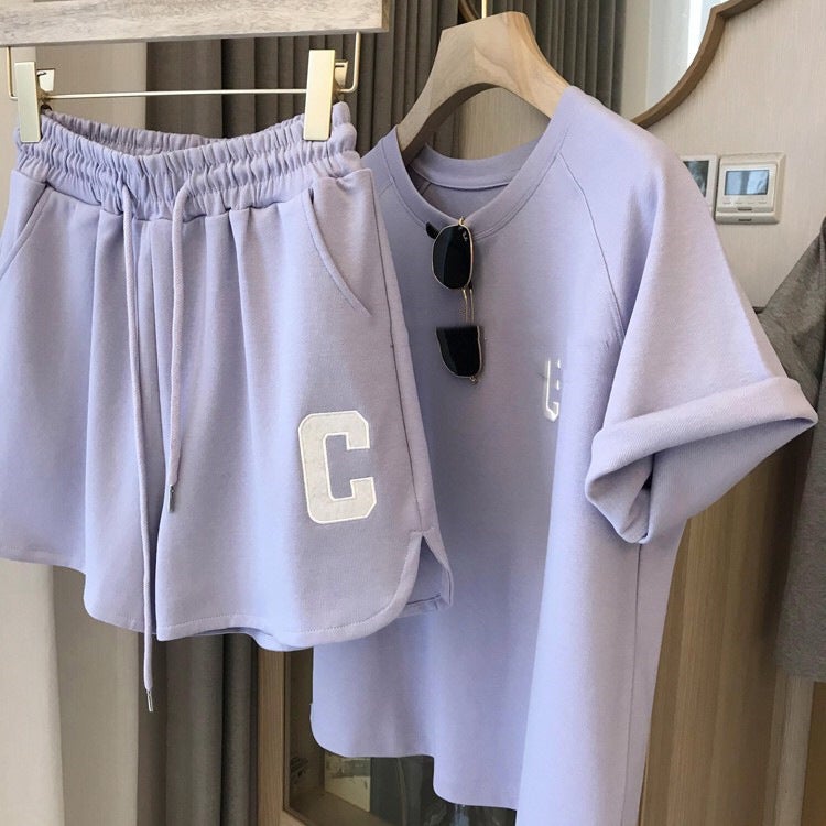 Casual Embroidered Tee  Shorts Set Women 2022 Purple - Image 1