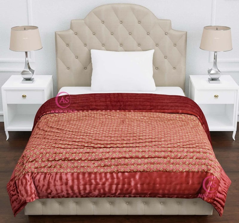 AUROSTYLE Rajasthani Cotton Filled Light Weight Silk Soft Jaipuri AC Quilt Dohar Over All Floral Print Design Blankets for Home 85x100 InchLight Maroon Butti Print Double Bed - Image 2