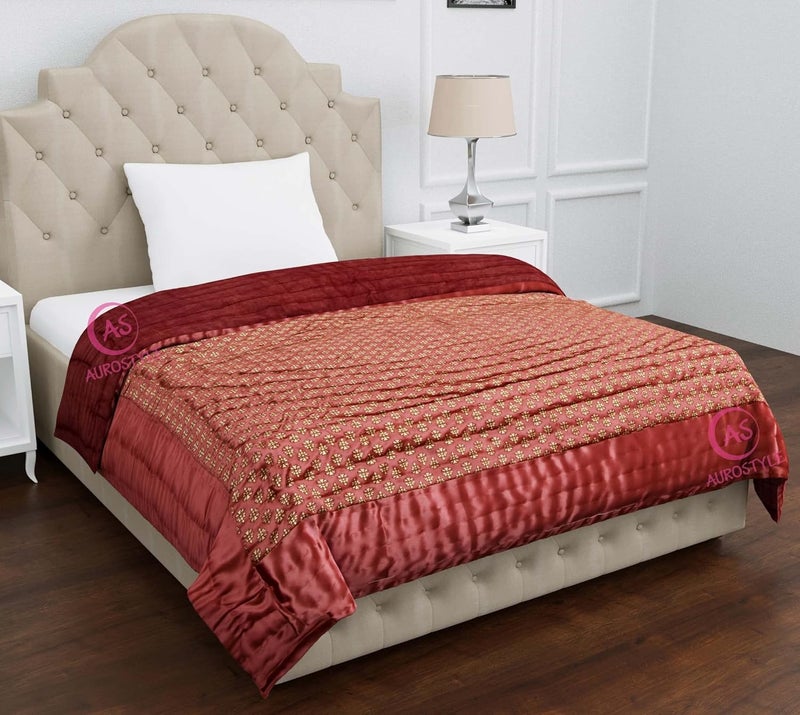AUROSTYLE Rajasthani Cotton Filled Light Weight Silk Soft Jaipuri AC Quilt Dohar Over All Floral Print Design Blankets for Home 85x100 InchLight Maroon Butti Print Double Bed - Image 4
