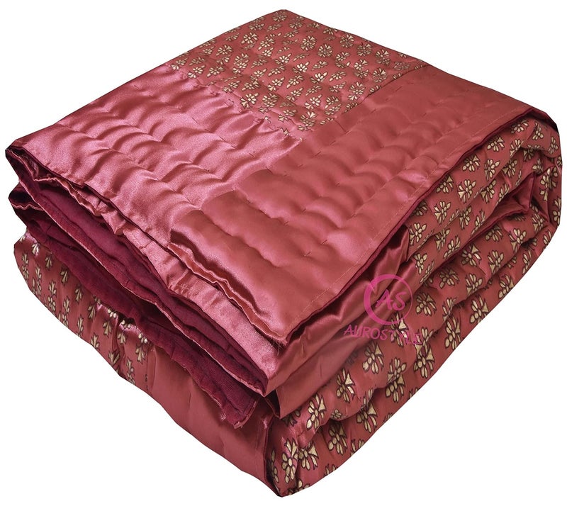 AUROSTYLE Rajasthani Cotton Filled Light Weight Silk Soft Jaipuri AC Quilt Dohar Over All Floral Print Design Blankets for Home 85x100 InchLight Maroon Butti Print Double Bed - Image 1
