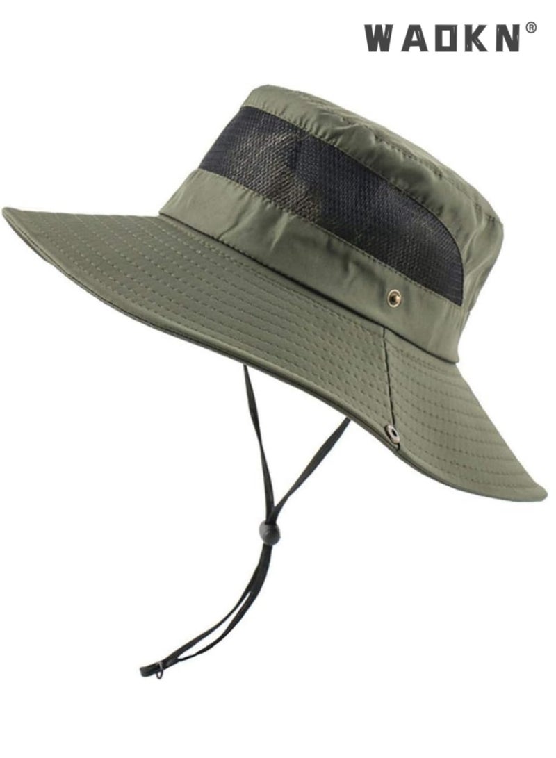 WAOKN Unisex Summer Outdoor Wide Brim Sun Hats UV Protection Foldable Breathable Waterproof Quick Dry Adjustable Chin Strap Men Womens Fishing Hats Mesh（Green） - Image 1