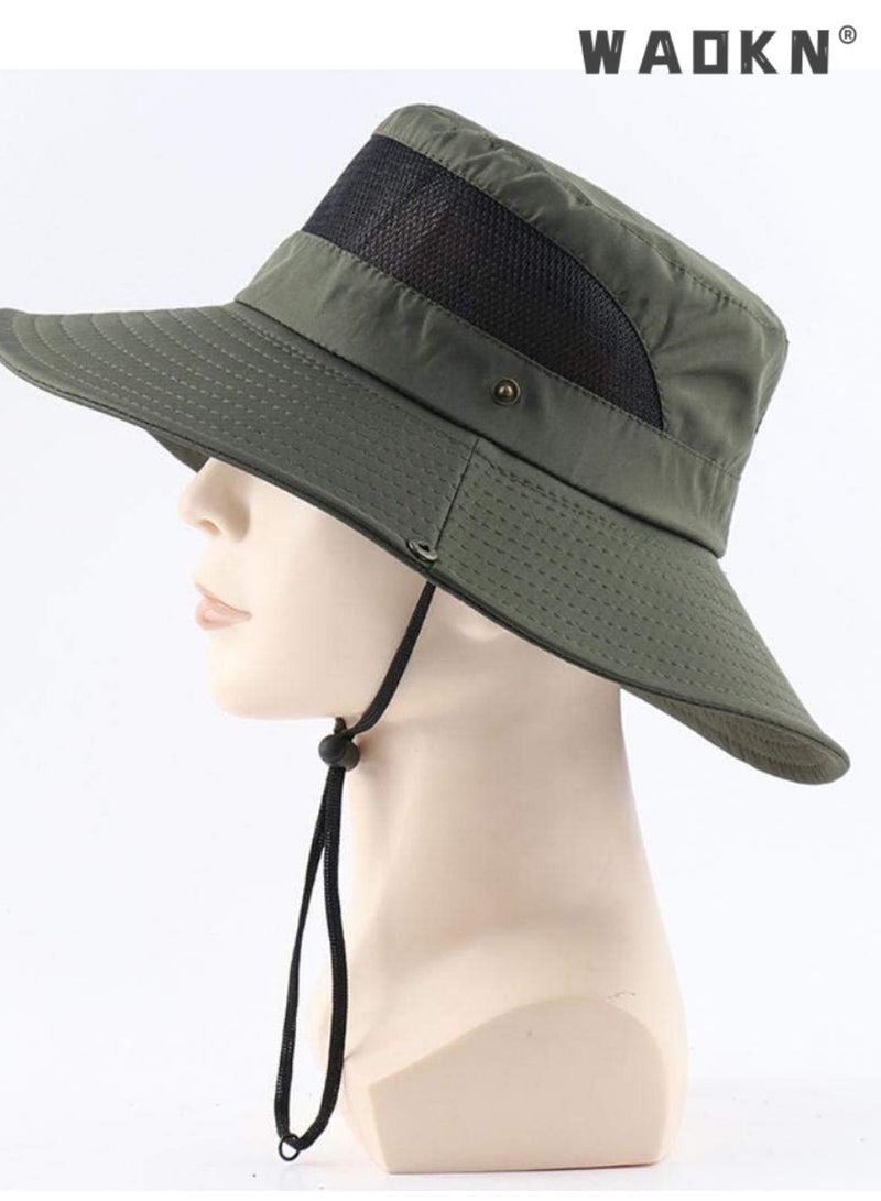 WAOKN Unisex Summer Outdoor Wide Brim Sun Hats UV Protection Foldable Breathable Waterproof Quick Dry Adjustable Chin Strap Men Womens Fishing Hats Mesh（Green） - Image 3