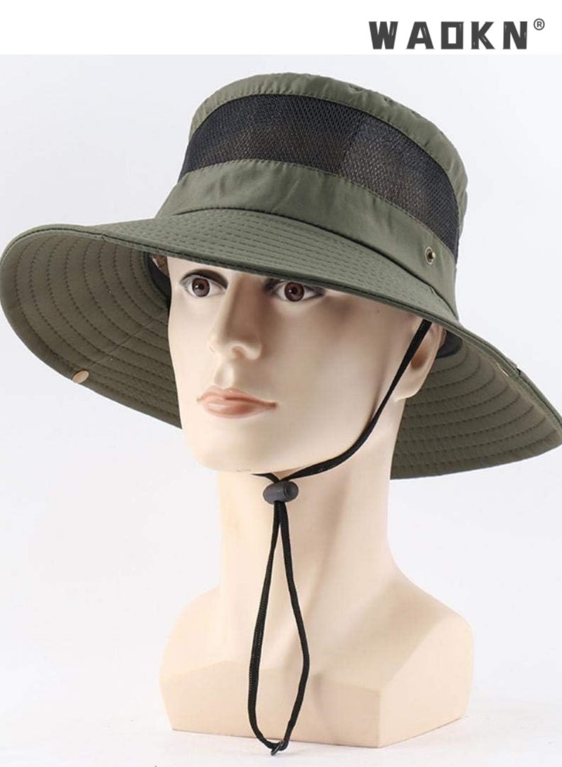 WAOKN Unisex Summer Outdoor Wide Brim Sun Hats UV Protection Foldable Breathable Waterproof Quick Dry Adjustable Chin Strap Men Womens Fishing Hats Mesh（Green） - Image 5