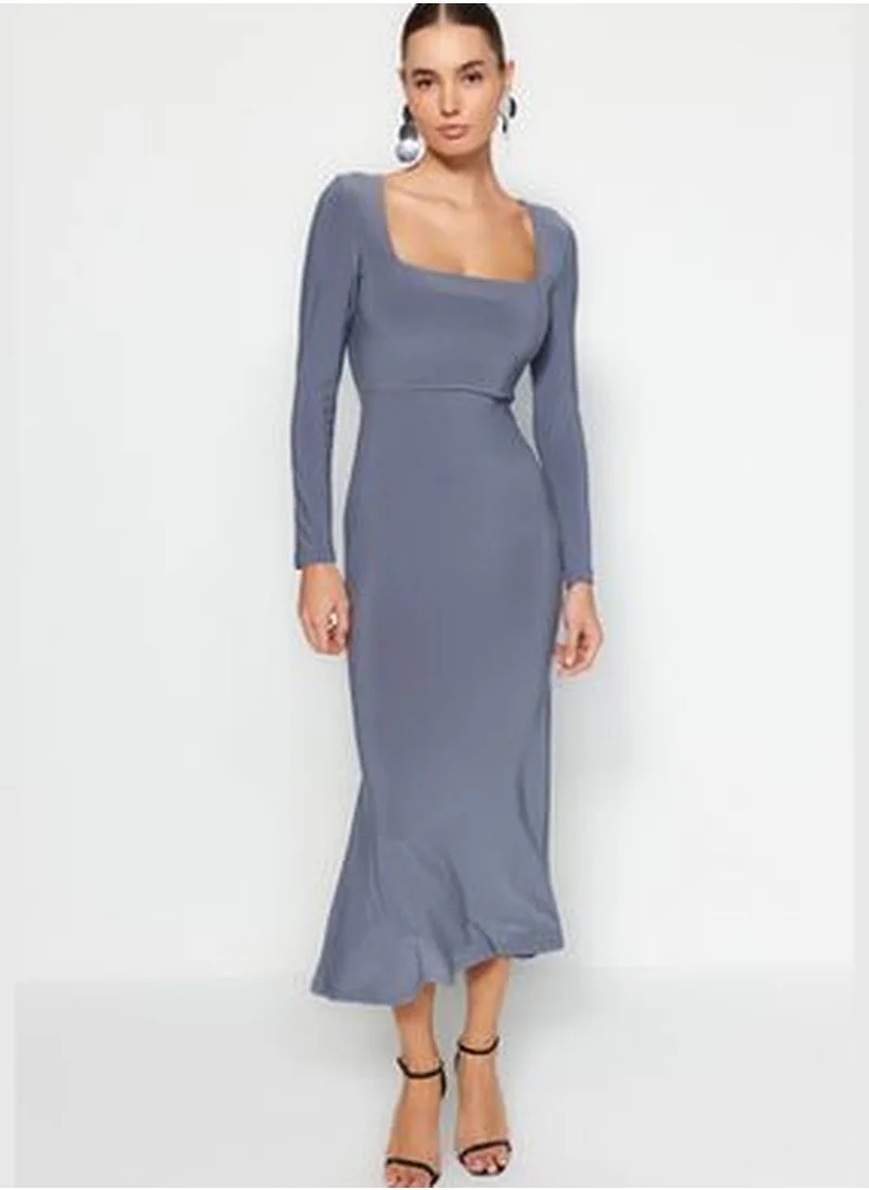 trendyol Dark Gray Ruffles Square Neckline Fitted/Slipped Maxi Stretch Knit Dress TWOAW24EL00613