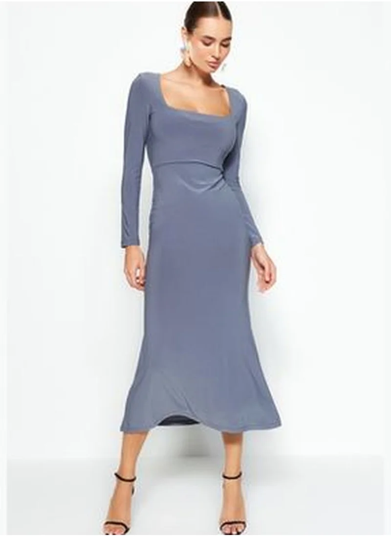 trendyol Dark Gray Ruffles Square Neckline Fitted/Slipped Maxi Stretch Knit Dress TWOAW24EL00613