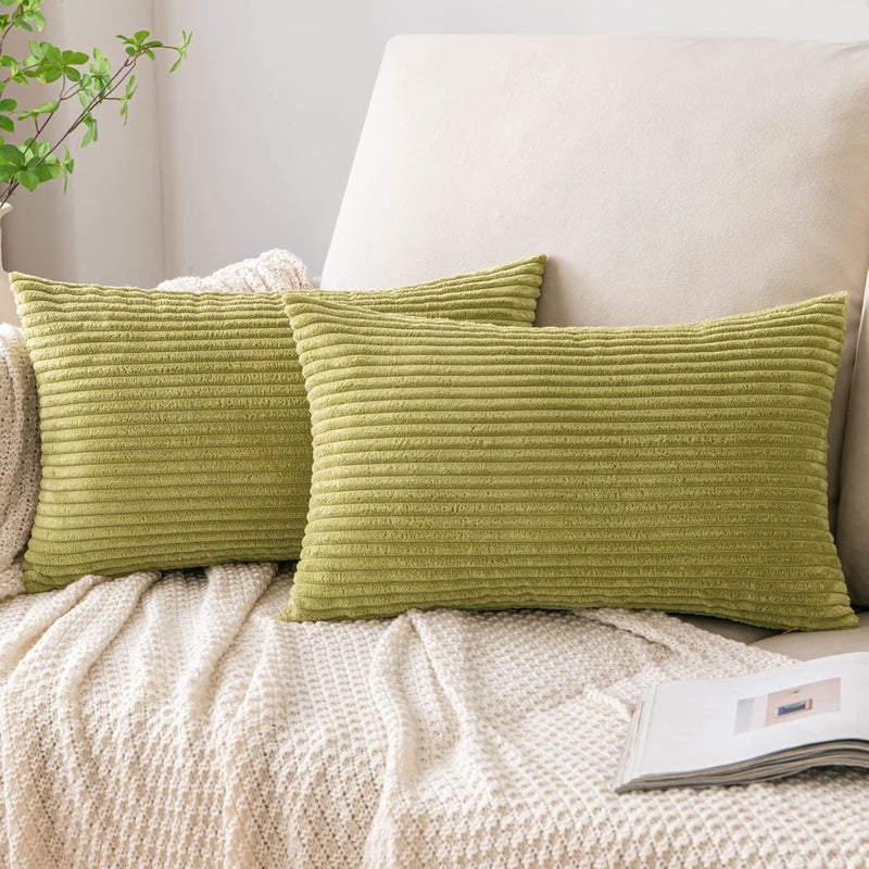 EMEMA Pack of 2 Corduroy Throw Pillow Covers Decorative Soft Striped Rectangle Cushion Cases Pillowcases Spring for Couch Sofa Bedroom Chair Car 12x20 Inch Grass Green - Image 1