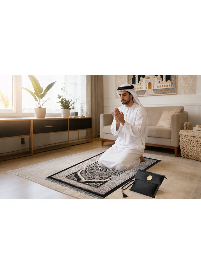 Two black Ramadan prayer mats, portable for travel, with prayer beads and a storage bag, foldable and washable, made from polyester. - Image 4