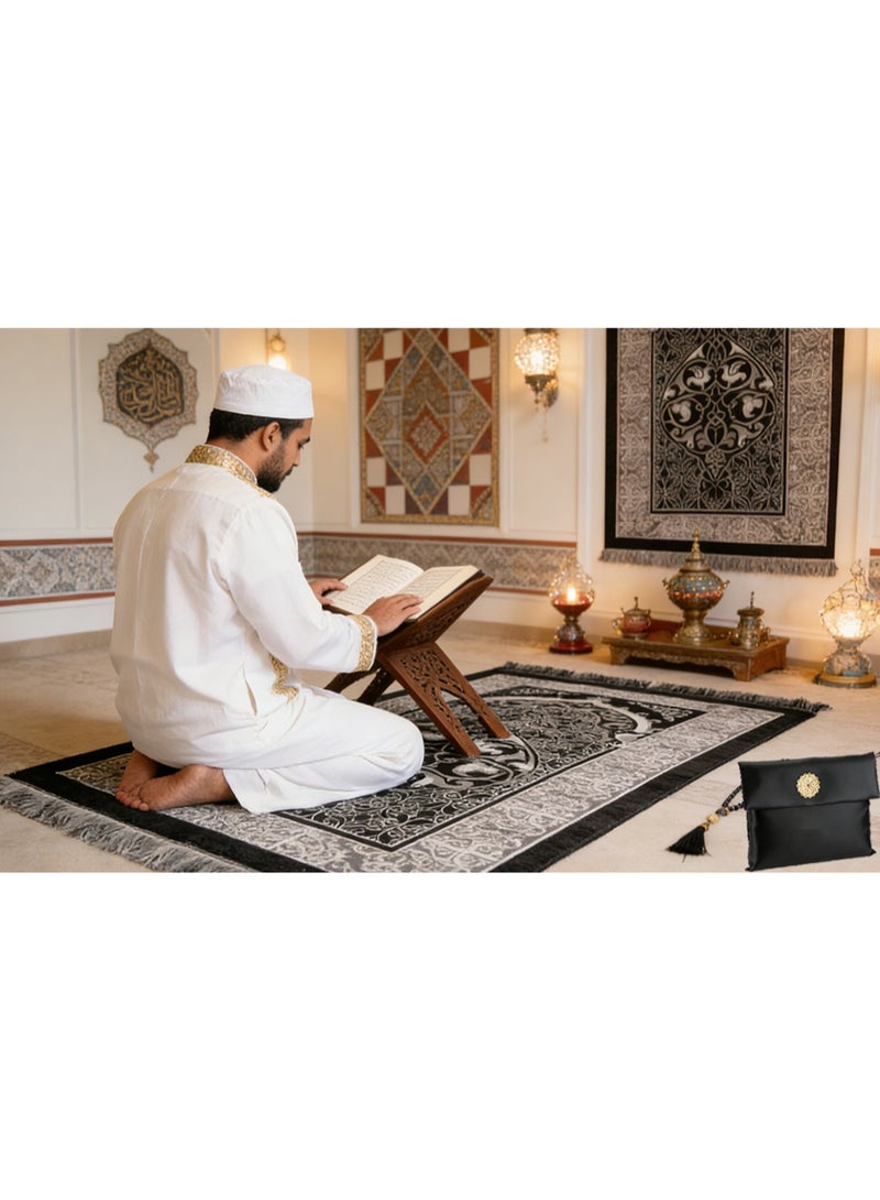 Two black Ramadan prayer mats, portable for travel, with prayer beads and a storage bag, foldable and washable, made from polyester. - Image 3