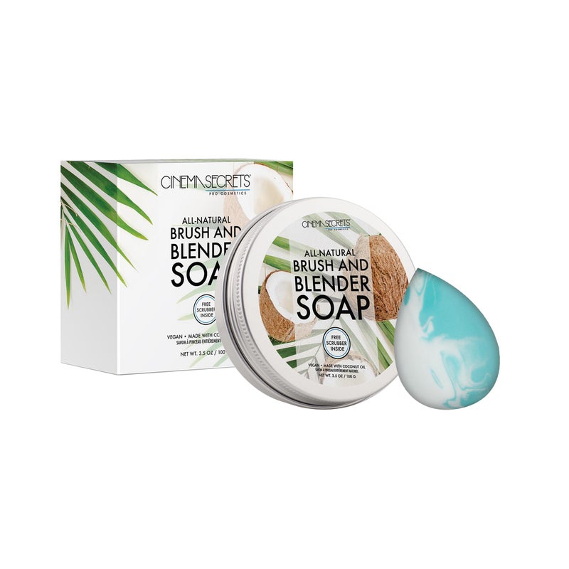CINEMA SECRETS All Natural Vegan Brush Soap & Blender Bundle, coconut oil based, scrubber included. - Image 1