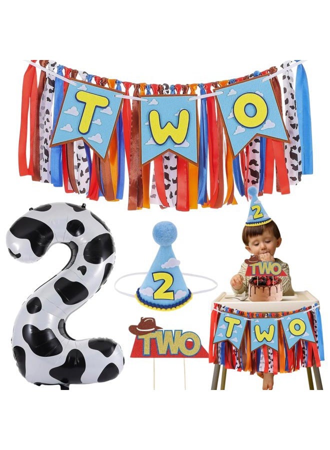 RANERVZ Cartoon Toy Highchair Banner for 2nd Birthday Party Decorations Two Infinity and Beyond High Chair Tassel Garland for Boys Girls Western Cowboy Two Birthday Photo Props Backdrop Decor with Cake Topper - Image 1