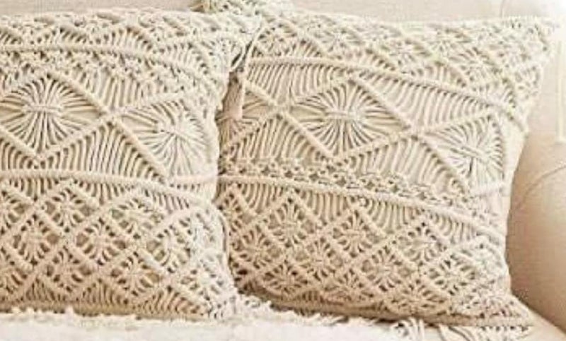 HMK CRAFTS غطاء وسادة مكرمية يدوي بنقشة العقد الشبكية المتقاطعة، كيس وسادة بوهيمي من القطن الصافي لديكور المنزل العصري - Image 2