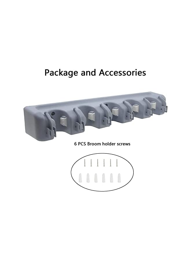 S-TOP mop broom holder wall mounted kitchen tool organizer and storage rack, 6 hooks and 5 slots, grey - Image 4
