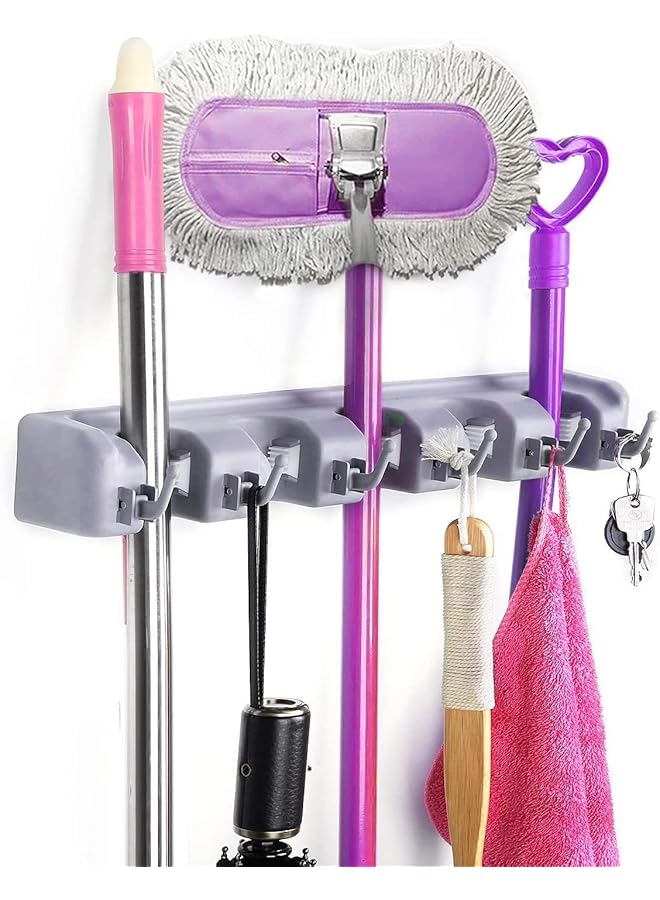 S-TOP mop broom holder wall mounted kitchen tool organizer and storage rack, 6 hooks and 5 slots, grey - Image 1