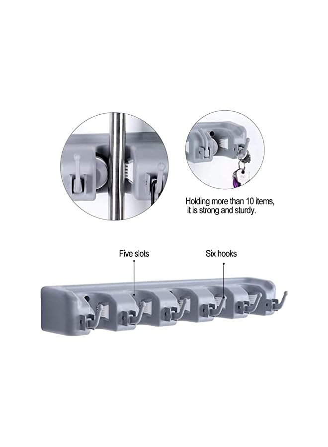 S-TOP mop broom holder wall mounted kitchen tool organizer and storage rack, 6 hooks and 5 slots, grey - Image 2