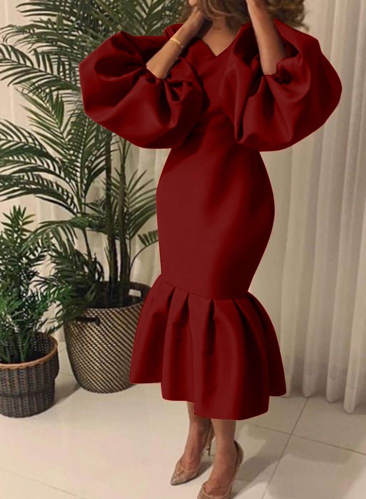 Loquat Solid V-neck Bubble Long Sleeve Fishtail Skirt 