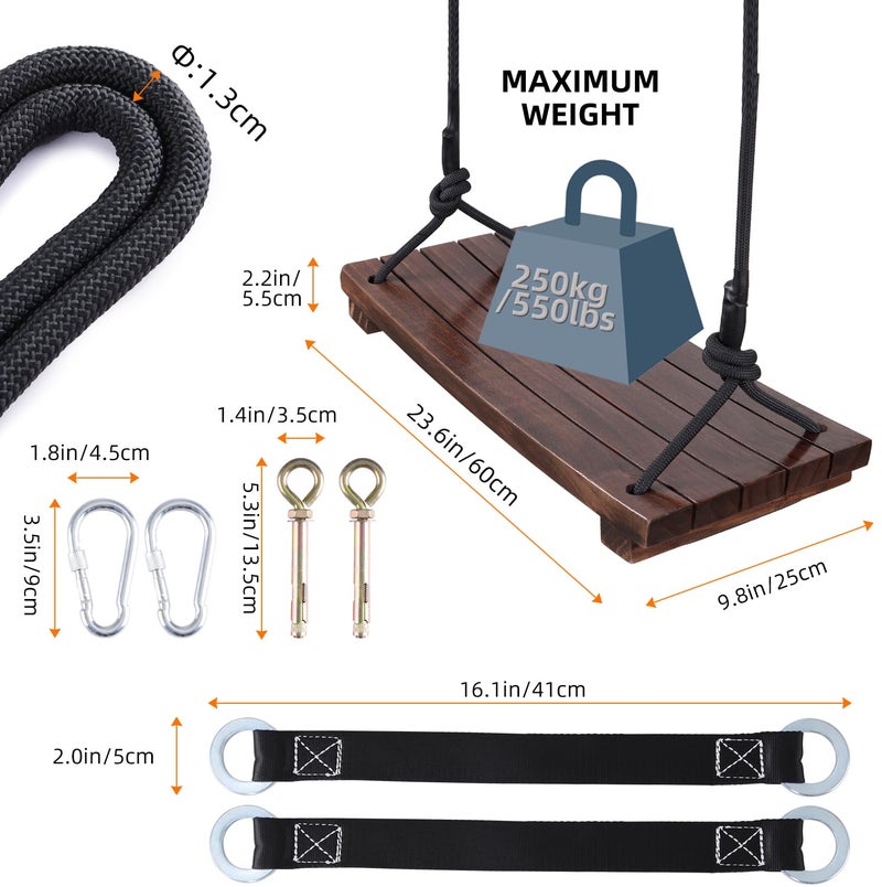PELLOR Wood Swing Seat, Carbonized Hanging Wood Tree Swing 23.6 x9.8 x1.0 inch for Adult Kids Children Anticorrosive & 100% Waterproof Wooden Swings Set 550 lbs Load Indoor Outdoor Backyard Play - Image 4