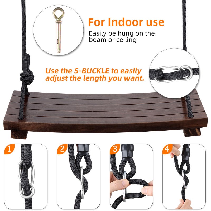PELLOR Wood Swing Seat, Carbonized Hanging Wood Tree Swing 23.6 x9.8 x1.0 inch for Adult Kids Children Anticorrosive & 100% Waterproof Wooden Swings Set 550 lbs Load Indoor Outdoor Backyard Play - Image 3