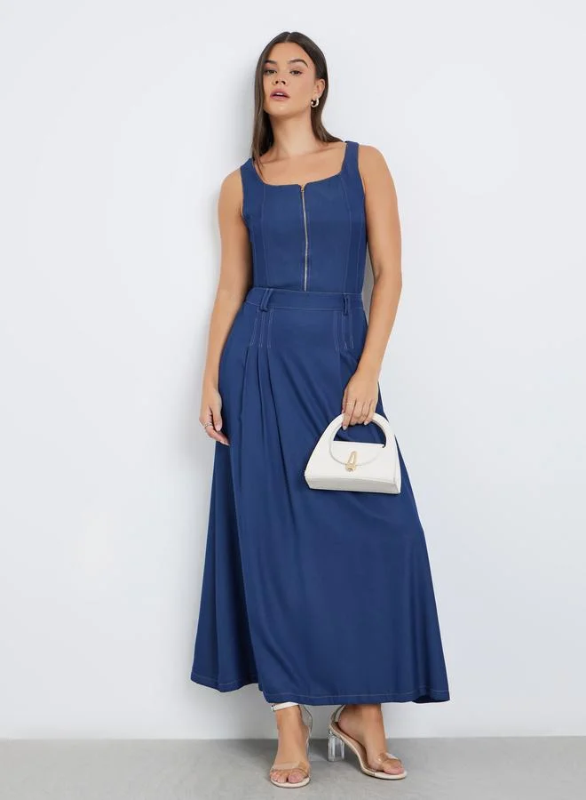 Styli Solid Pleated A-Line Maxi Skirt