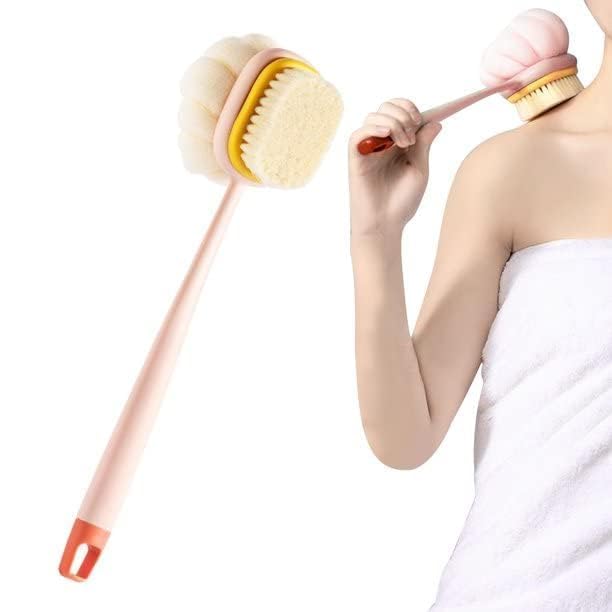 SANGOZ Bath Brush Round Handle Shower Body Plastic Brush with Bristles and Loofah Back Scrubber Bath Mesh Sponge with Curved Long Handle for Men and Women Pack of 1 MultiColor - Image 1