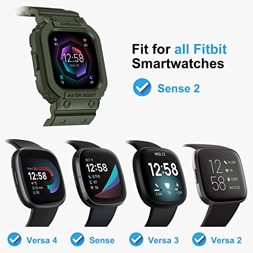 amBand Compatible for Fitbit Versa 4/3/2/ Fitbit Versa Lite/Fitbit Sense 2/ Fitbit Sense Bands with Case, Protective Smartwatch Case Strap Rugged Sport Protector Wristbands Men Green - Image 2