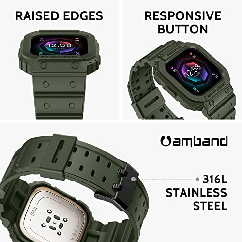 amBand Compatible for Fitbit Versa 4/3/2/ Fitbit Versa Lite/Fitbit Sense 2/ Fitbit Sense Bands with Case, Protective Smartwatch Case Strap Rugged Sport Protector Wristbands Men Green - Image 3