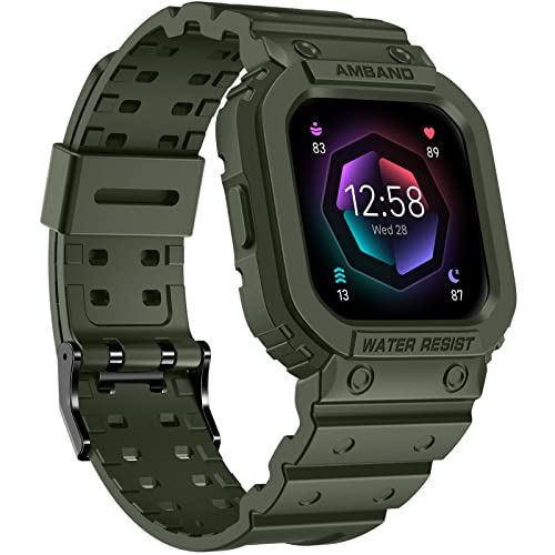 amBand Compatible for Fitbit Versa 4/3/2/ Fitbit Versa Lite/Fitbit Sense 2/ Fitbit Sense Bands with Case, Protective Smartwatch Case Strap Rugged Sport Protector Wristbands Men Green - Image 1