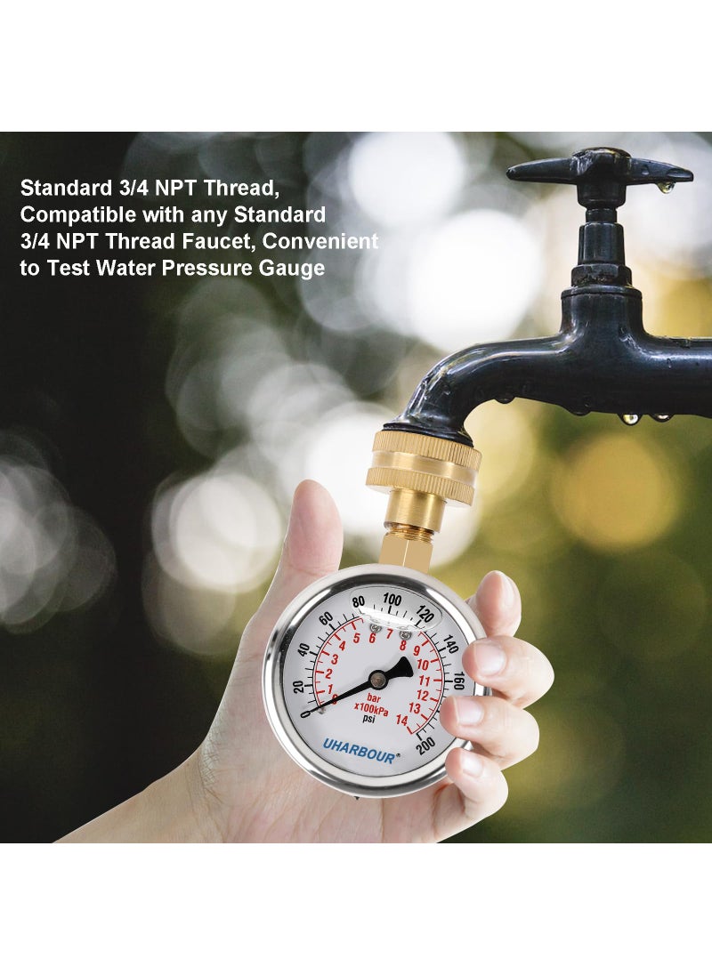 Uharbour UHARBOUR Water Pressure Gauge Kit Including Adaptors, 2.5"Glycerin Filled Water Pressure Test Gauge 3/4" GHT with Brass Hose Fitting and Extra 6 Adapters for Multiple Use,0-200psi/14bar  - Image 2