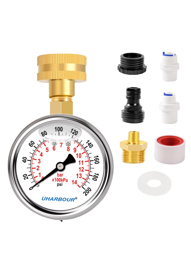 Uharbour UHARBOUR Water Pressure Gauge Kit Including Adaptors, 2.5"Glycerin Filled Water Pressure Test Gauge 3/4" GHT with Brass Hose Fitting and Extra 6 Adapters for Multiple Use,0-200psi/14bar  - Image 1