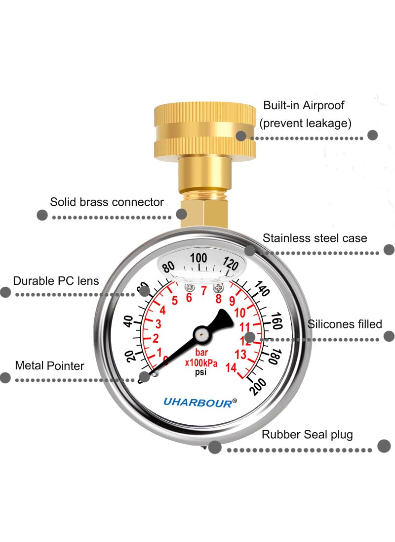 Uharbour UHARBOUR Water Pressure Gauge Kit Including Adaptors, 2.5"Glycerin Filled Water Pressure Test Gauge 3/4" GHT with Brass Hose Fitting and Extra 6 Adapters for Multiple Use,0-200psi/14bar  - Image 5