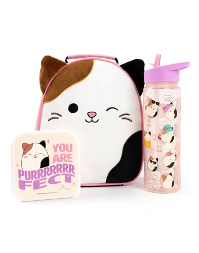 Squishmallows Girls Lunch Bag Set | Kids 3 Piece Bundle with Fluffy Dinner Bag, Water Bottle & Snack Pot | Childrens Plush Cam the Cat Zip Bag with 3D Ears in Pink & Purple | Back to School Gifts - Image 1