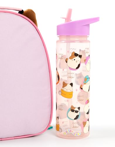 Squishmallows Girls Lunch Bag Set | Kids 3 Piece Bundle with Fluffy Dinner Bag, Water Bottle & Snack Pot | Childrens Plush Cam the Cat Zip Bag with 3D Ears in Pink & Purple | Back to School Gifts - Image 2