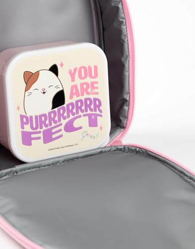 Squishmallows Girls Lunch Bag Set | Kids 3 Piece Bundle with Fluffy Dinner Bag, Water Bottle & Snack Pot | Childrens Plush Cam the Cat Zip Bag with 3D Ears in Pink & Purple | Back to School Gifts - Image 5