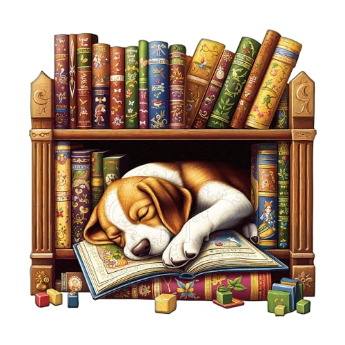 AEEKDOOK Wooden Puzzles for Adults Bookshelf Beagle Dog Wood Puzzles Adult Unique Animal Shape Wooden Jigsaw Puzzles for Adults Birthday Gifts for Puzzle Lovers Family 114 114in200pcs - Image 1