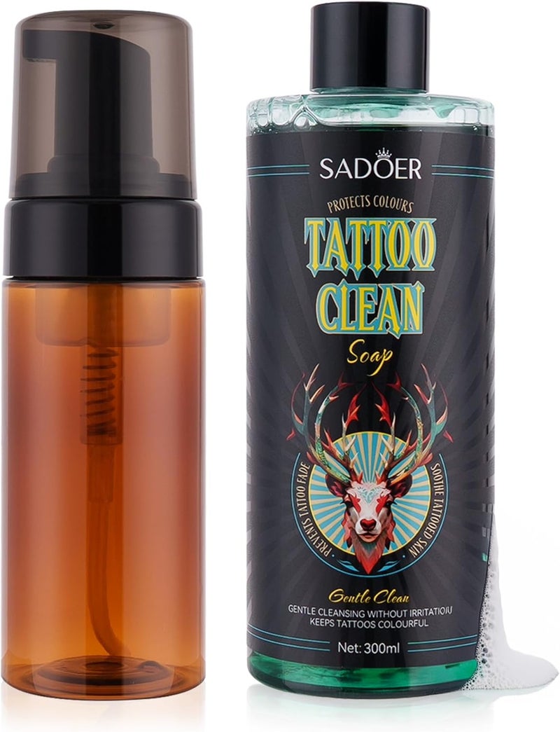 SADOER Ultra-Concentrated Tattoo Green Soap 10oz with Foaming Bottle 120ml, 1:10 Dilution Tattoo Soap Supplies for Tattoos Piercings, Clean Skin Equipment - Image 1