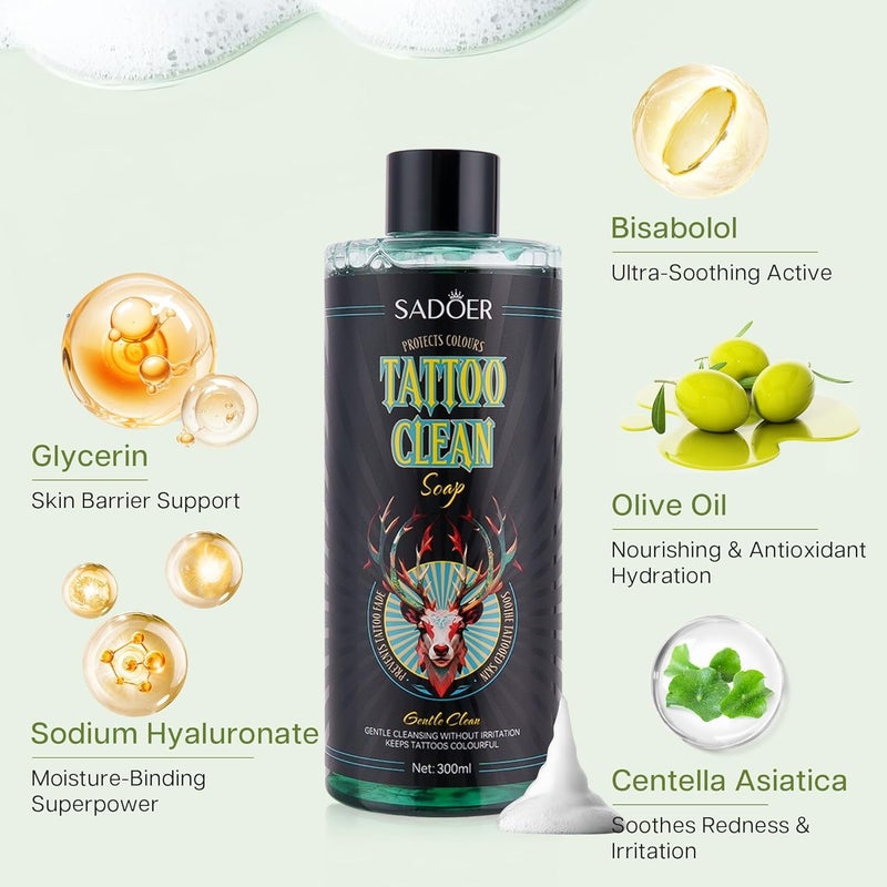 SADOER Ultra-Concentrated Tattoo Green Soap 10oz with Foaming Bottle 120ml, 1:10 Dilution Tattoo Soap Supplies for Tattoos Piercings, Clean Skin Equipment - Image 4