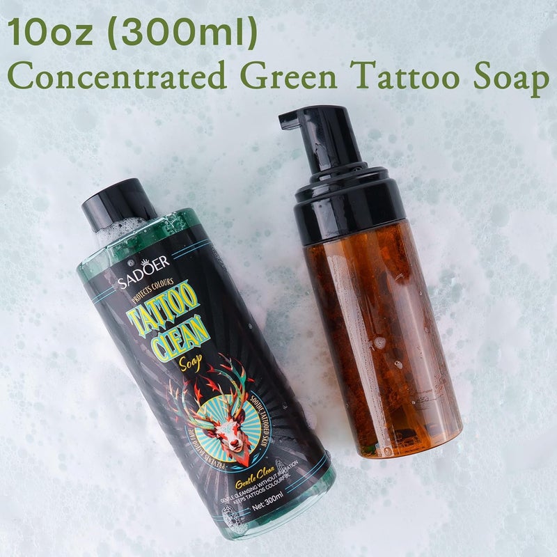 SADOER Ultra-Concentrated Tattoo Green Soap 10oz with Foaming Bottle 120ml, 1:10 Dilution Tattoo Soap Supplies for Tattoos Piercings, Clean Skin Equipment - Image 2